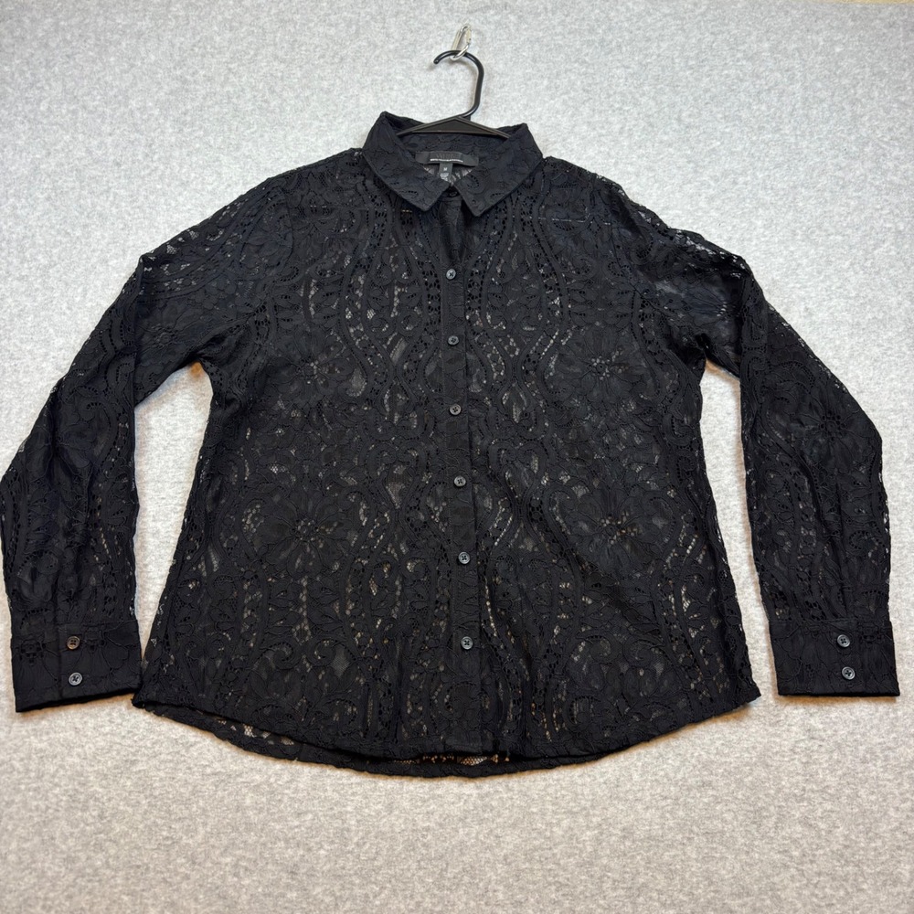 White House Black Market Button Down Shirt Women Medium Black Lace Long Sleeve